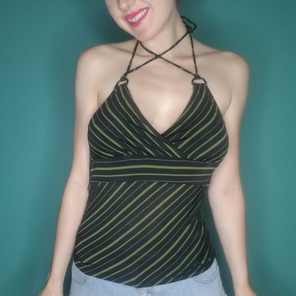 #Y2K stripped Black and Green stretchy tank top M - Picture 1 of 3